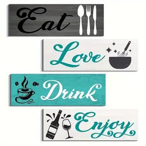 Kitchen Dining Wooden Wall Decor, 4 Counts/set Eating and Drinking Tableware Wooden Board Painting Decoration, Dining Room Sign Wall Art, Decoration Items