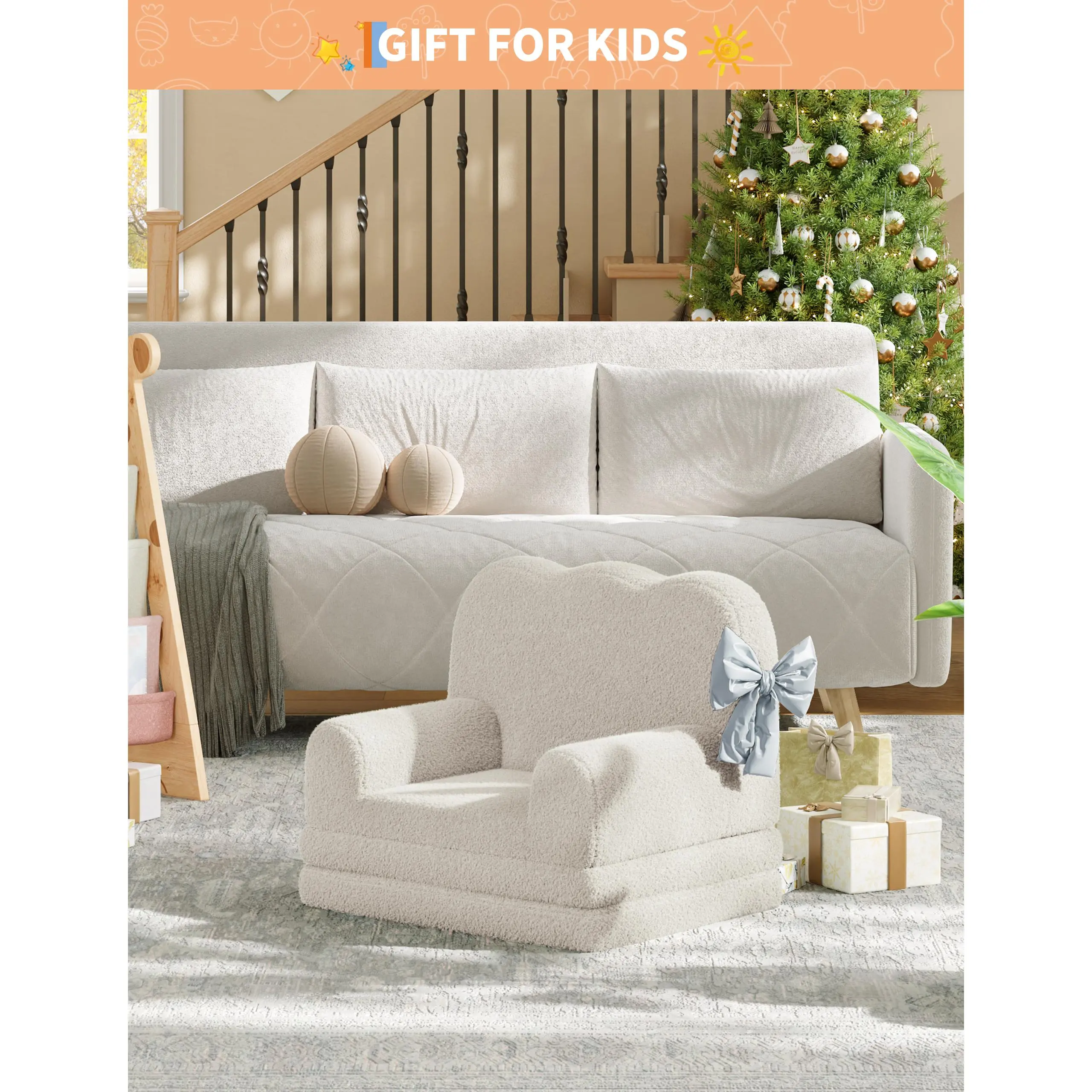 2-in-1 Convertible Toddler Size Single Seat Children's Couch - Stuffed Fleece Fun Furniture with Playful Waves, Removable Cover, High-Density Foam, Fold-Out Lounger, 7.2 lbs, Ideal for Playroom, Nursery, Birthday Gift, Kids Couch