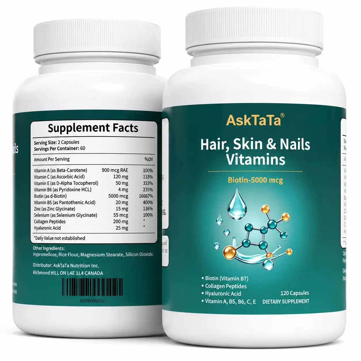 Women’s Hair Skin & Nails Vitamins Supplement,with Biotin,Collagen Peptides,Hyaluronic Acid,Vitamin A, C, E, B5,B6,Helps Maintain Skin Moisture and Suppleness,Support Hair Nails Health,120 Capsules