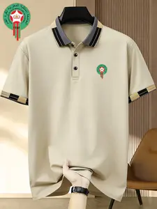 Men's Moroccan Royal Football Badge Print Polo Shirt, Fitted Casual Breathable All-Season Wear, Comfortable Durable High-End Polo