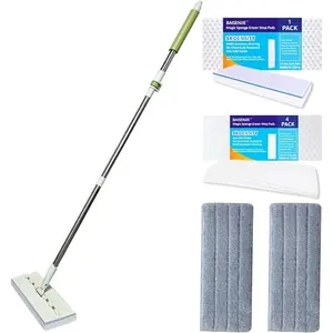 Sponge Eraser Mop, 60" Adjustable Mop Handle with Flexible 13" Flat Head with Microfiber Pad and Sponge Eraser Pads