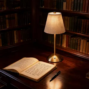 Modern Table Lamp with USB Ports - Elegant Gold Base & Pleated Shade for Desk Reading & Study