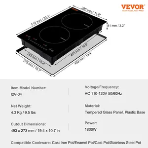 VEVOR Built-in Electric Induction Cooktop, 12-in Double Burner, 1800W Magnetic Stove Top with 9 Heating Levels, LED Touch Screen, Child Lock & Over-Temperature Protection