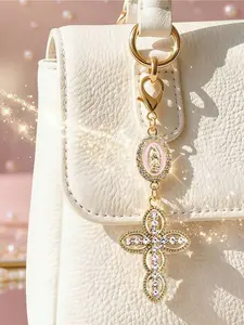 Christian Charm Keychain With Religious Cross, Faux Pearl And Rhinestone Pendant - Cross Keychain, Bag Charm, Cross Pendant, Decorative Wallet, Backpack, Earphone Bag, Luggage And Car Accessories Keychain Kawaii Vacation Essentials Bag Accessories