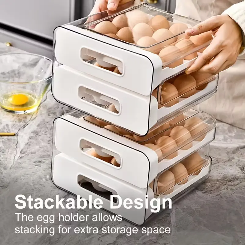 32-Compartment Double-Layer Visible PET+PP Egg Organizer - Stackable Drawers, Durable Fridge Storage Organizer, Ample Storage, Stacks to Save Space, Separate Slots for Freshness, Minimalist High-Quality Plastic for Busy Kitchens