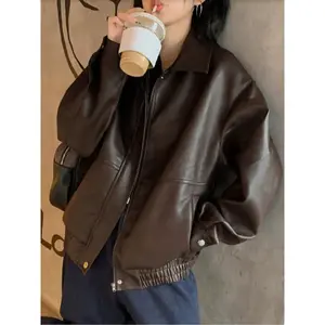 Women’s Fall PU Leather Jacket, Long Sleeve Zip-Front Loose Fit Casual Coat, Solid Color Autumn Outerwear for Women