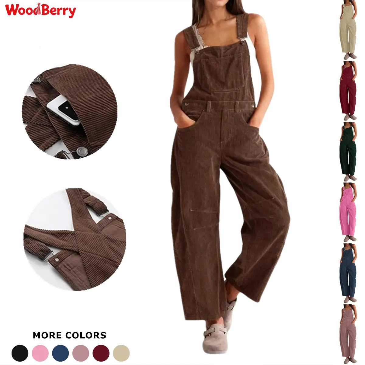 Woodberry Women's Corduroy Overalls, Cute Casual Loose Fit Bib Jumpsuit with Adjustable Straps, Full Length Barrel Wide Leg Dungarees, Holiday, Corduroy Texture