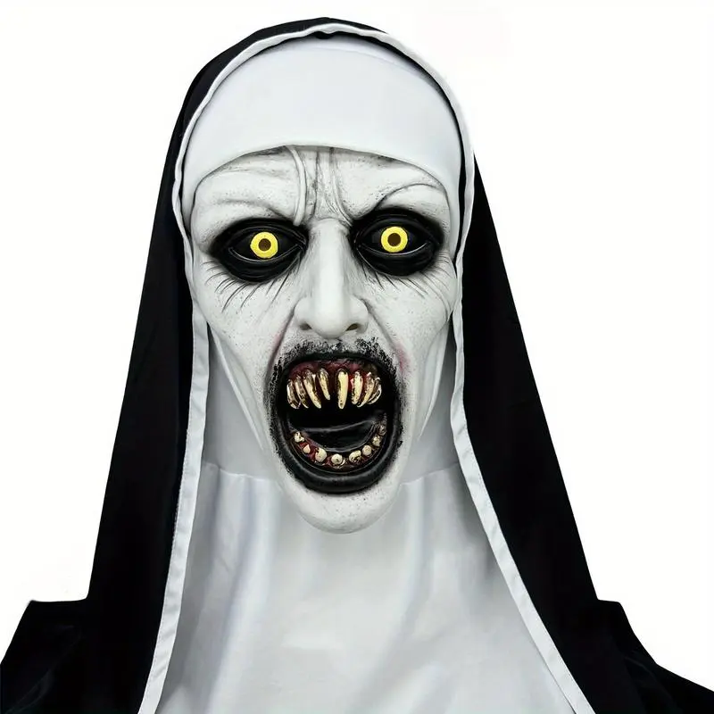 Funky Nun Latex Mask for Halloween - Creepy Horror Costume Accessory with Yellow Eyes & Distorted Teeth for Halloween & Cosplay