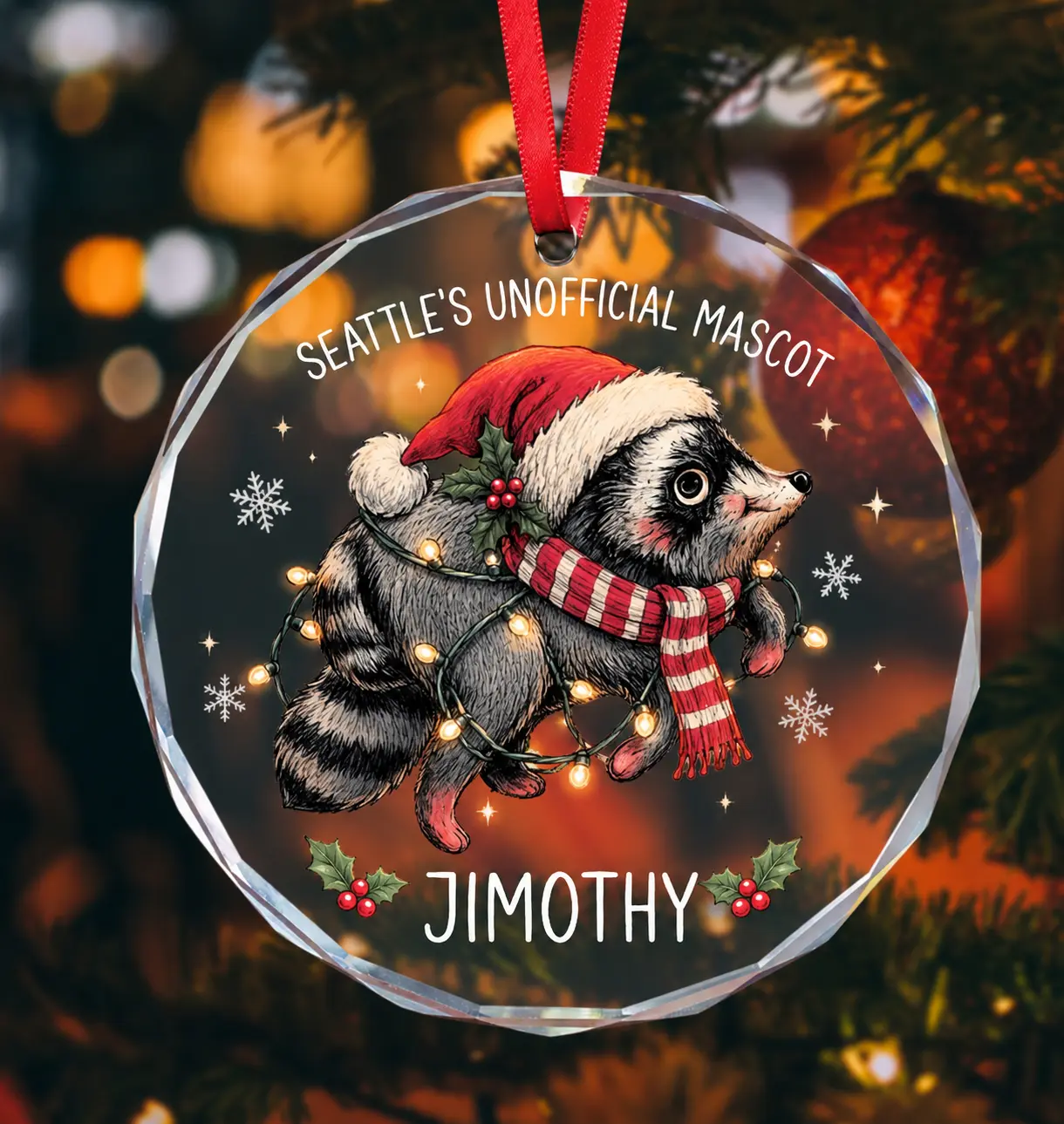 Personalized Round Jimothy Glass Christmas Ornament - Custom Name, Funny Raccoon Artwork, Lightweight Holiday Keepsake Gift for Festive Home Decor