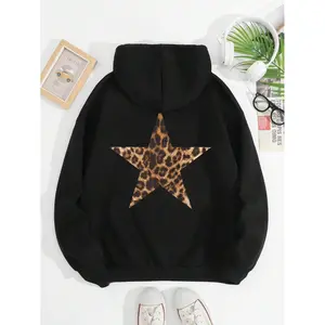 Women Casual Loose Leopard Print & Star Pattern Long Sleeve Black Hoodie Sweatshirt Graduation,Back To School Outfits,Graduation,Teacher Outfits For Women,Back To School Pullover Fall Outfit