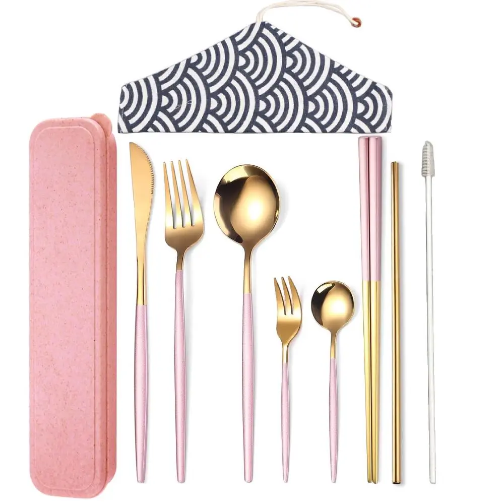 9 Pieces Stainless Steel Flatware Set Portable Reusable Cutlery Set Travel Utensils Set Including Chopsticks Knife Fork Spoon Straws Cleaning Brush Dishwasher Safe (Pink Golden)