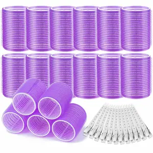 Hair Rollers, 12Pcs Large Self-Grip Hair Curlers with 12Pcs Stainless Steel Duckbill Clips, for Long Medium Thick Hair Volume (Purple)