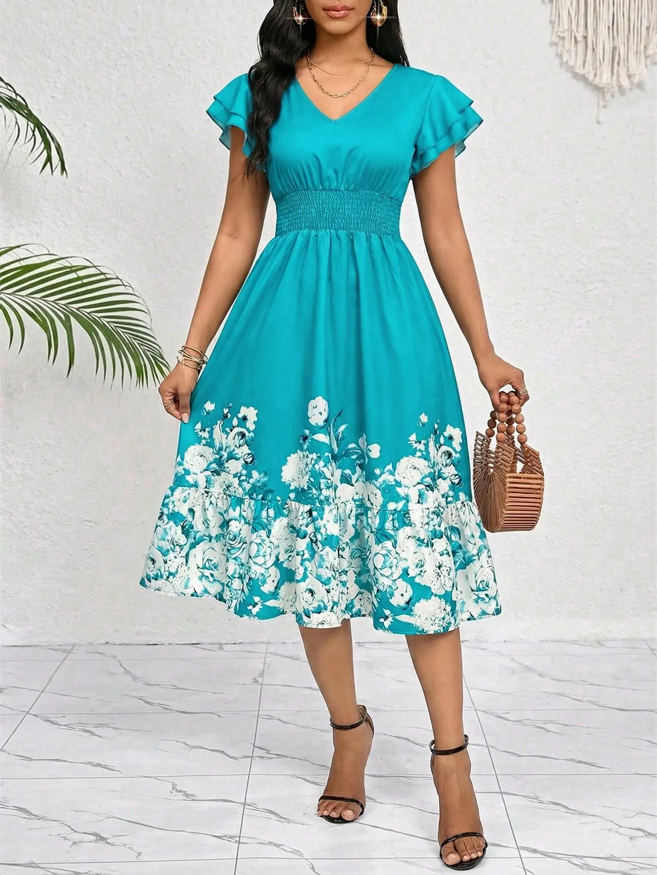 Women’s Floral Print Midi Dress – Ruffle Trim Pleated Hem Belted Dress, Elegant Casual Office Party Holiday Everyday Outfit