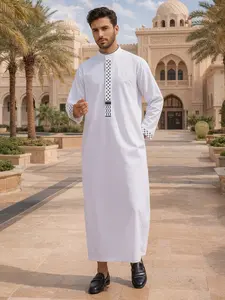 Men's Middle Eastern Traditional Clothing, Islamic Muslim Arabic Style, Classic Robe with Rose Gold Embroidery, Long Sleeve, Inclusive Fit