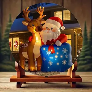Inflatable Christmas Santa Reindeer Round Sign with Snowflake Outdoor Yard Decor Holiday Gift