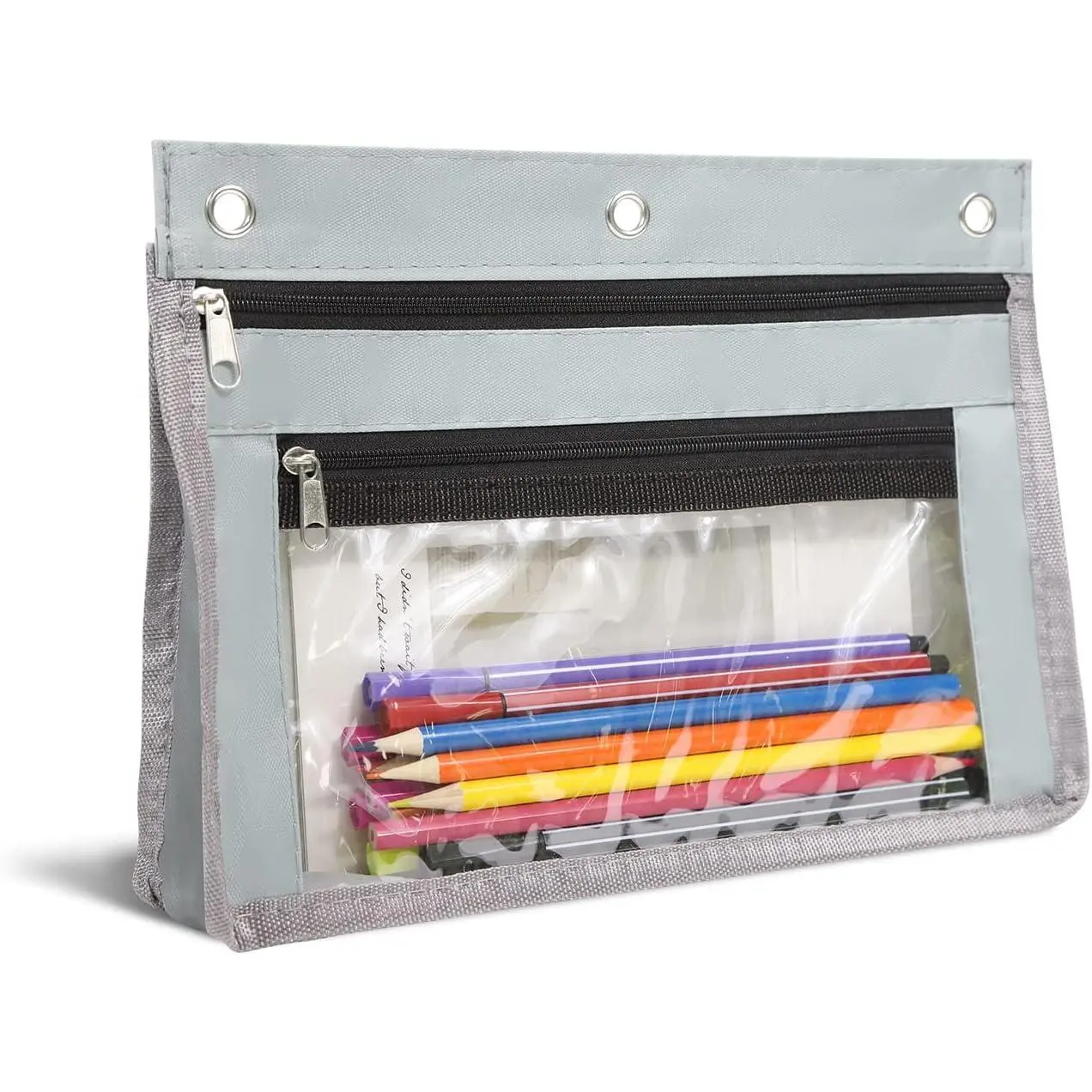 1 Pack Pencil Pouch for 3 Ring Binder, Expandable Binder Pouches with Zipper, Large Capacity Pen Holder Case with Clear Window School Class Office Organizers, Grey