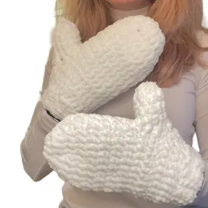 Crochet thick white fluffy mittens handmade crochet