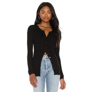 Enza Costa Silk Rib Fitted Long Sleeve Cardigan in Black