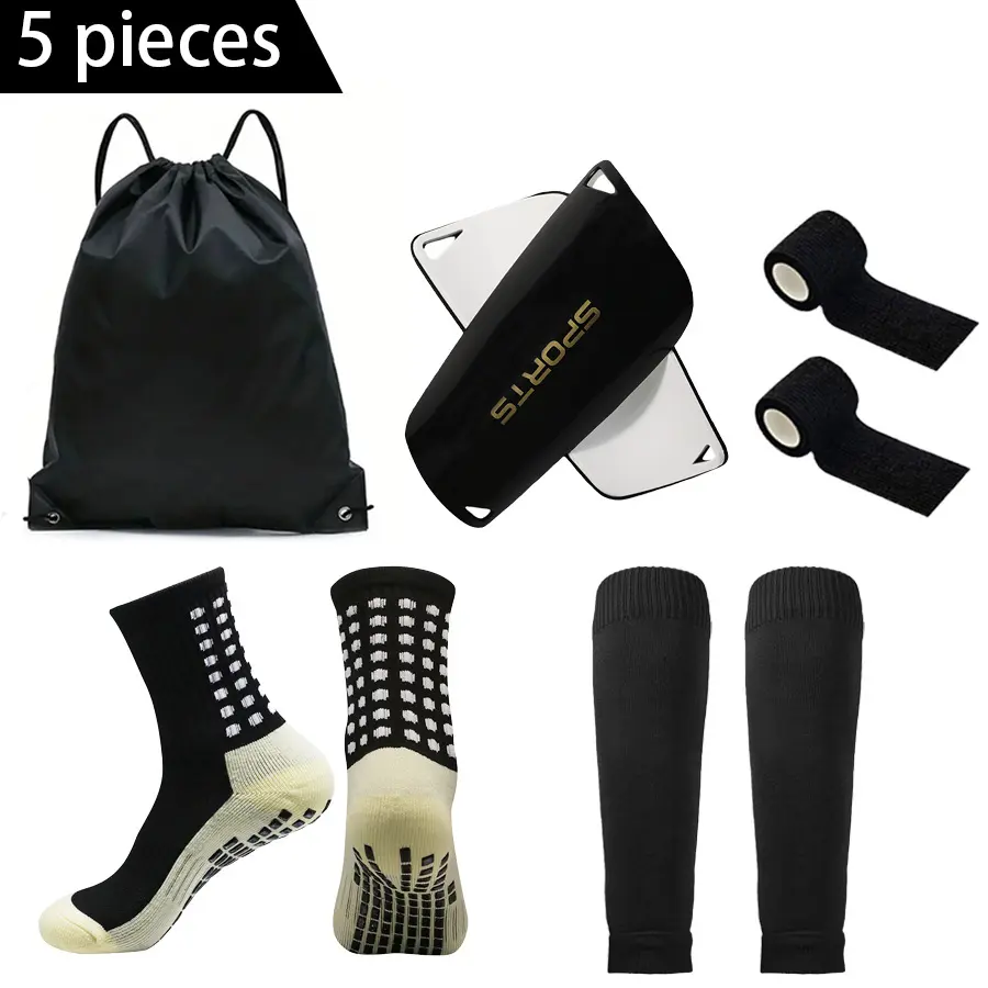 Soccer Shin Guards Kit - 5Pcs with Anti-Slip Socks, Calf Sleeves, Tape & Bag for  Adults