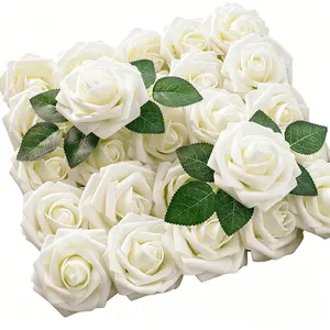 25pcs Real Looking Ivory Foam Fake Roses, Decorative Artificial Flowers with Stems, DIY Wedding Bouquets, Party Decorations, Bridal Shower Centerpieces