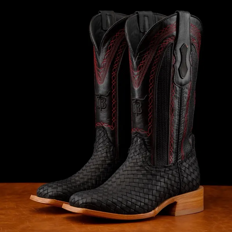 Black Basketweave Leather Boots - Square Toe Black Basketweave Leather Boots - Square Toe