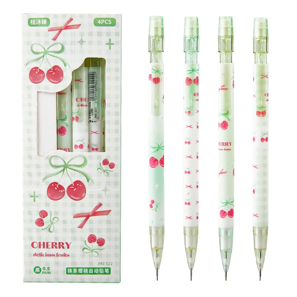 4pcs Fine Writing Tools, Matcha Cherry Pattern Push-Button Automatic Pencils, 0.5mm Automatic Pencils, Exam Practice Pens, School Stationery, Mechanical Pencil, School Supplies