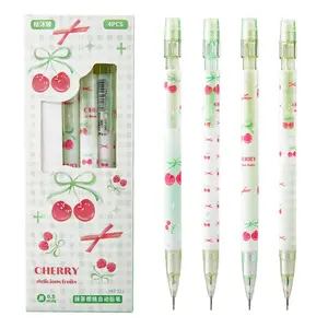 4pcs Fine Writing Tools, Matcha Cherry Pattern Push-Button Automatic Pencils, 0.5mm Automatic Pencils, Exam Practice Pens, School Stationery