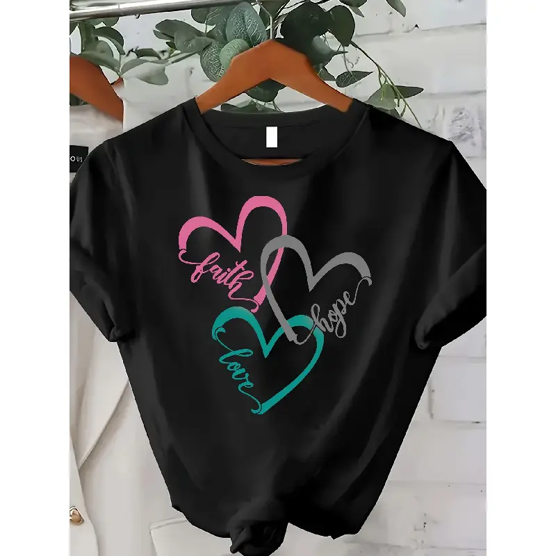 Women'S "faith hope love" Graphic Tee - White Casual Crew Neck Short Sleeve T-Shirt with Heart Design, All-Season Top for Casual Attire, Casual Wear| Playful Print| Comfortable Fit, Ladies T Shirts