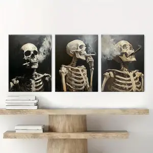 Skull Pattern Canvas Painting, 3 Counts/set Creative Wall Art Poster, Wooden Wall Art, Wall Art Decor for Home Living Room Bedroom Office