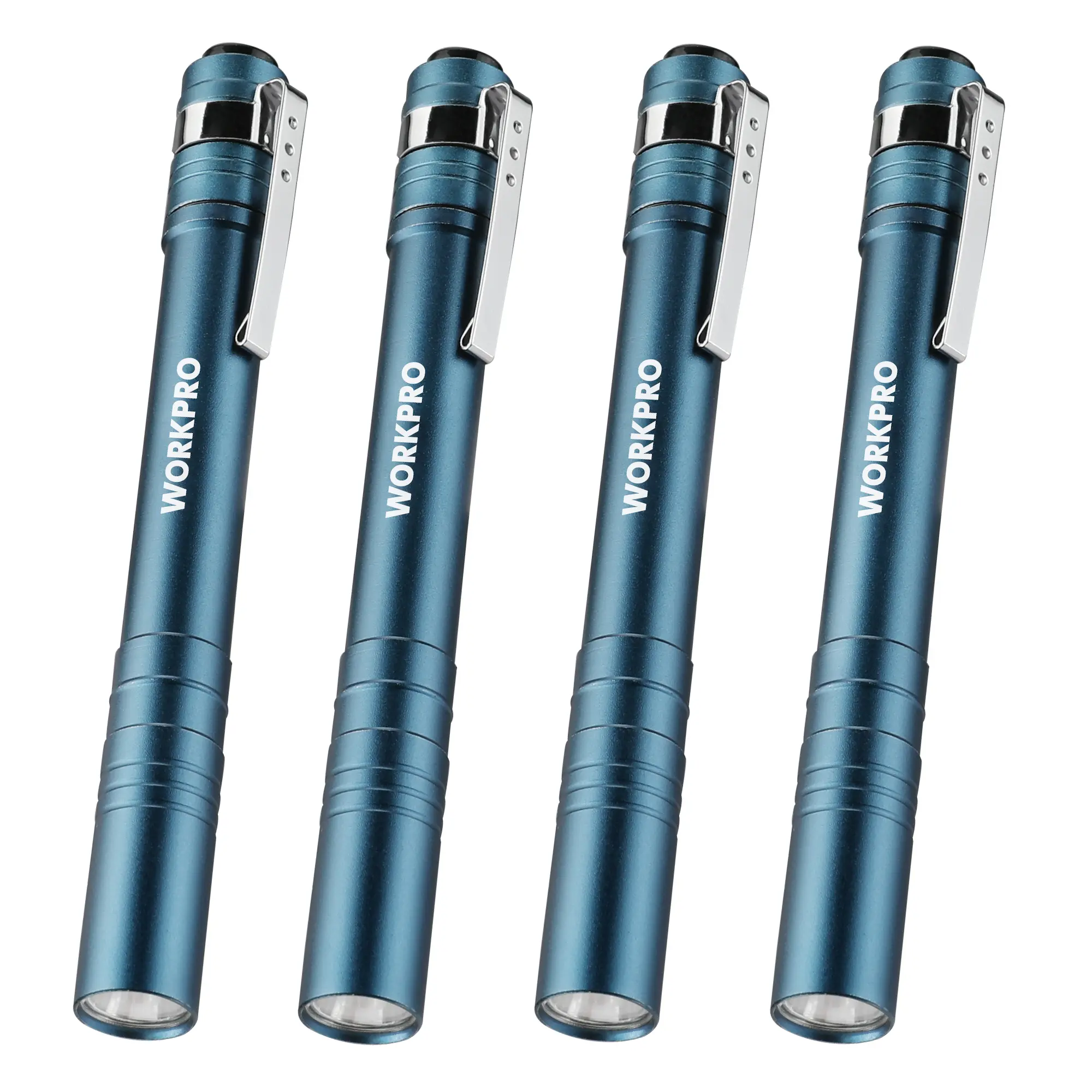 #toolupgrade WORKPRO LED Pen Light, Aluminum Pocket Flashlight with Clip, 2AAA Batteries Included, Blue (4-Pack)