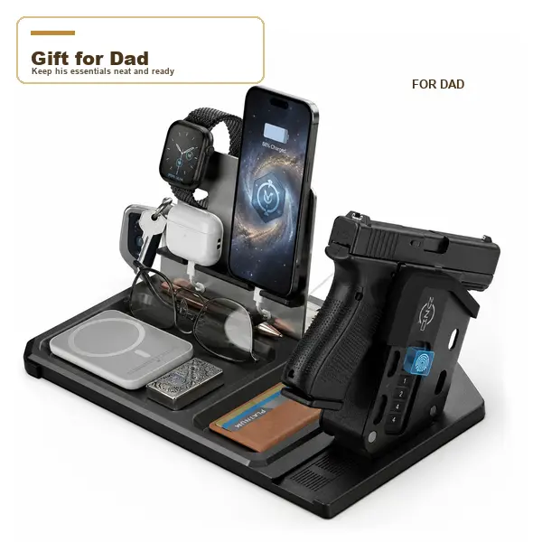 Multi Functional Tactical Desk Organizer with Detachable Handgun Safe - Quick Access Trigger Lock Gun Rack, Card Storage, EDC Valet Tray & Phone Stand - Father's Day Gifts for Him