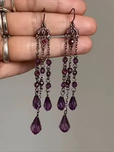 1 Pair of Bohemian-Style Long Dangle Earrings with Mysterious Purple Beads and Fringe – Women's Earrings with A Retro, Elegant, and Sophisticated Look, Perfect for Parties and Vacations, Casual Trendy Jewelry, Exquisite Jewelry Gift