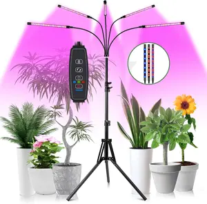 MUENING 4-Head/5-Head Metal Grow Light with Stand, Indoor Garden Grow Kit with Red-Blue Dimmable LEDs, 10 Brightness Levels, 3/9/12H Timer, 3 Switch Modes, Adjustable Neck for Flower Growth
