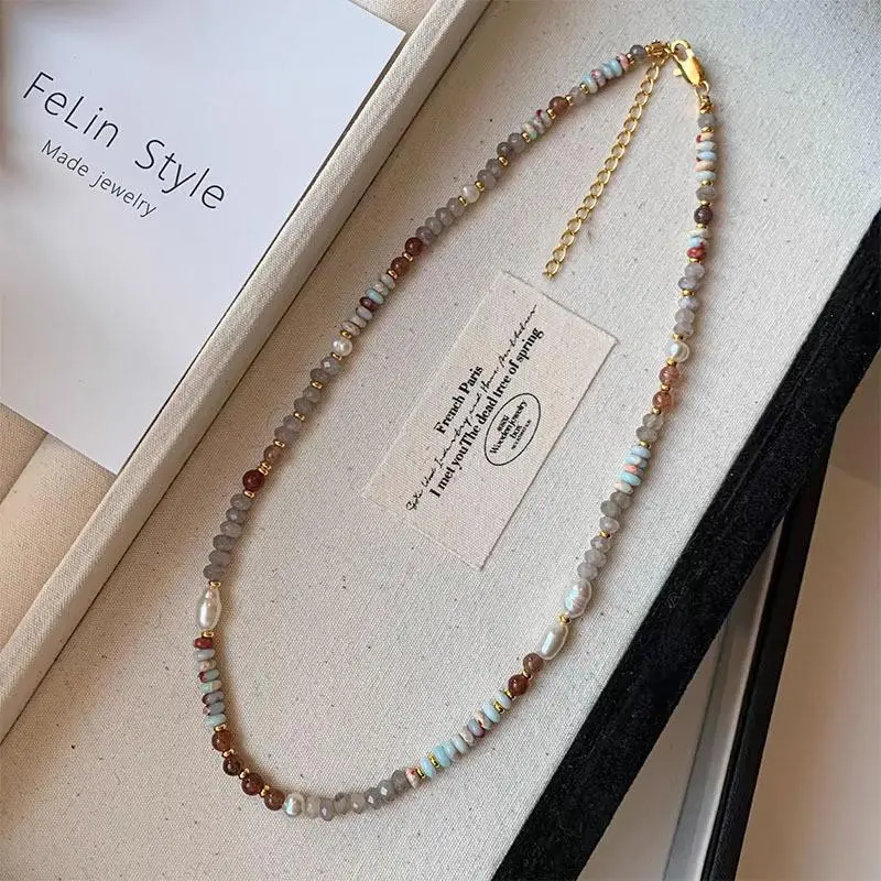Pendant Necklace for Women, Handmade Woven Natural Stone Beads with Round Pearl Charm, Luxury Look Jewelry, Handmade Craft, Charms & Pendants, Beaded Chain, Mixed Stones, Woven Beads