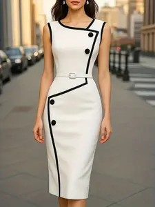 Colorblock Sleeveless Dress, Waist Cinched Tie, Fitted Bodycon Skirt, Vintage Elegant Formal Commuter OL Style, Geometric Design