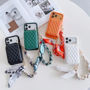 Quilted Leather Purse Phone Case with Silk Scarf, Metal Handle Chain, Crossbody Lanyard, Lipstick Coin Pocket & Protection - Tech Accessories for iPhone 14/16/17 Pro Max, Mobile Cellphone Smartphone Accessories