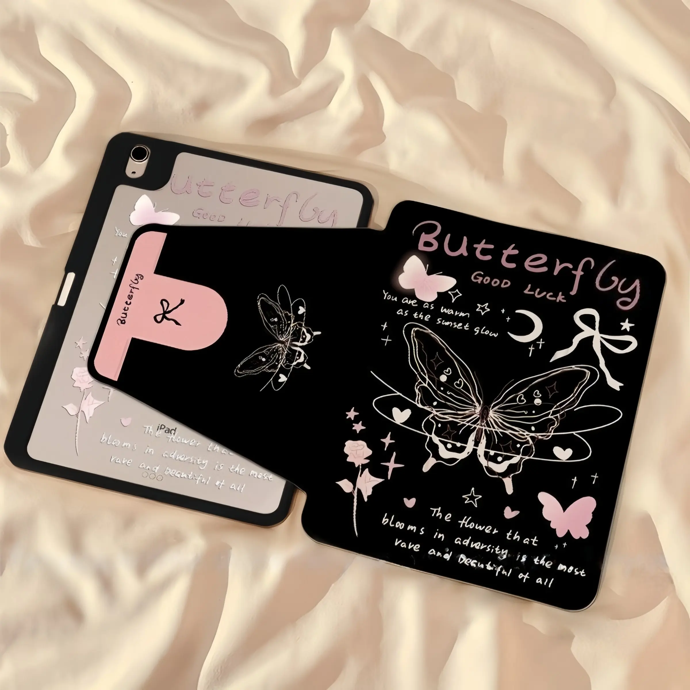 Butterfly Rose iPad Case, 360° Rotating Stand, Anti-Drop Mirror Back, Pen Slot, Full Coverage, Fits iPad 10/9/8 Generation, iPad Pro/air, Tablet Protective Cover, Tablet Casing, Rotatable Tablet Cover, iPad Covers
