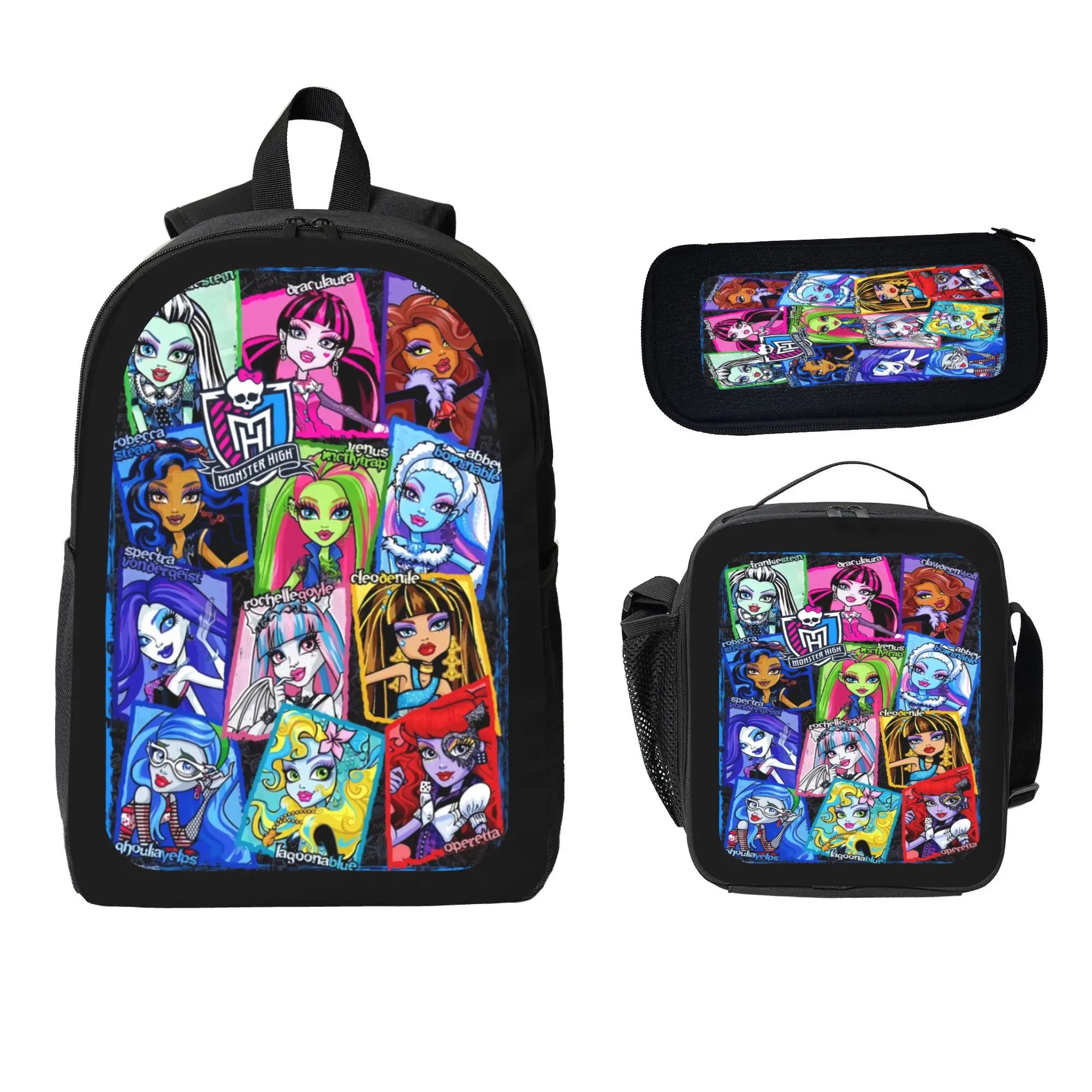 Lightweight backpack set featuring a 17-inch backpack with an internal compartment, adjustable straps, and a zipper closure; includes a lunch box and a pencil case—suitable for school, work, and commuting.
