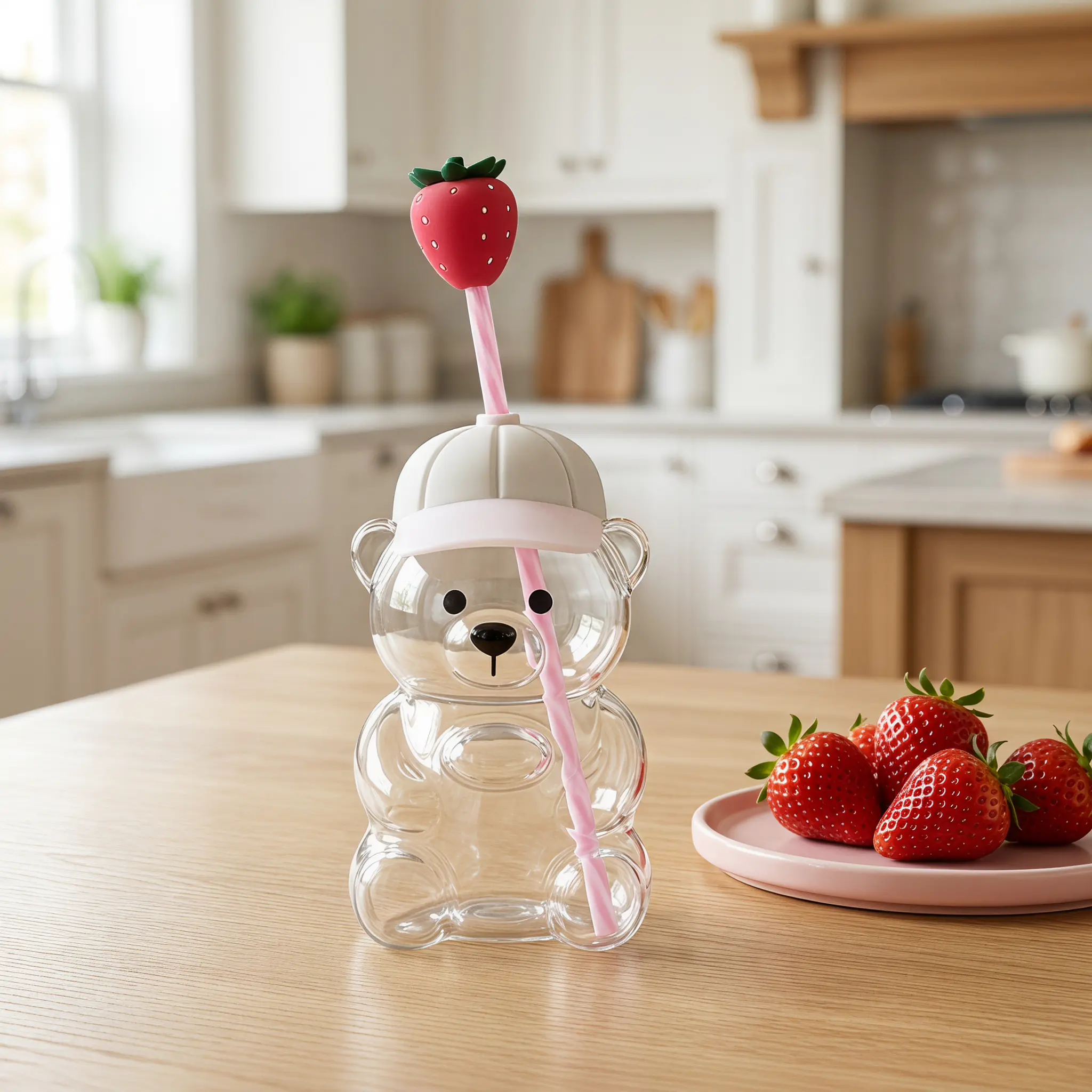 Cartoon Bear Borosilicate Glass Tumbler 600ML, Straw Topper & Baseball Cap Lid Water Bottle, Creative Holiday Gift for Women Students