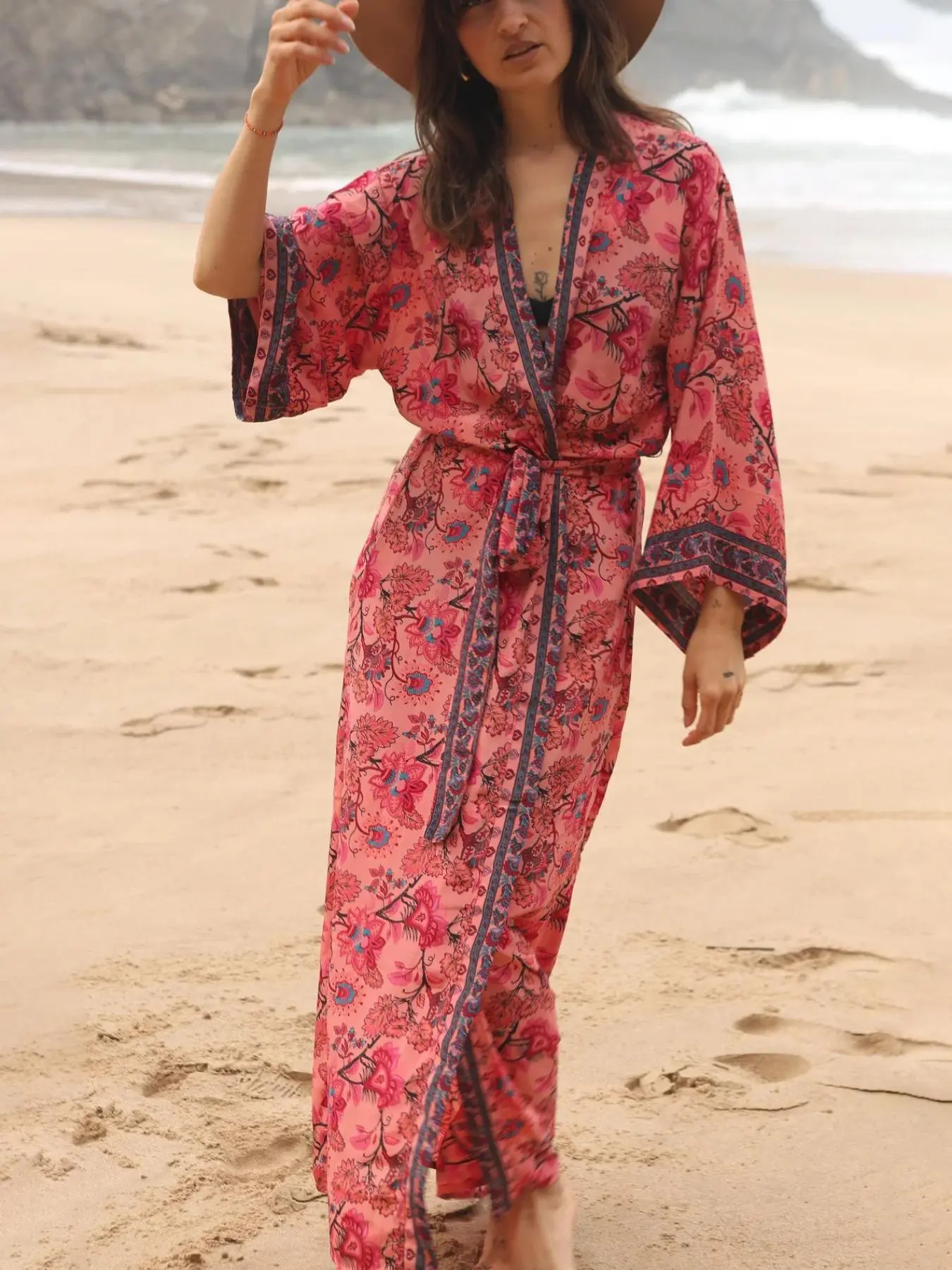Women's Floral Print Tie Side Kimono, Boho Casual Long Sleeve Open Front Cover Up for Beach Vacation Holiday, Ladies Clothes for All Seasons, Beach Outdoor Wear, swimsuit cover ups, Beach Cover Ups, Swimwear Cover Up, Cover Up Beachwear, Beach Coverups