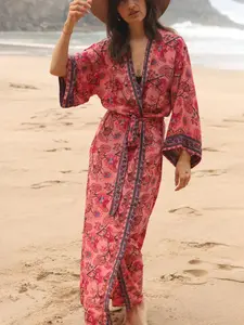 Women's Floral Print Tie Side Kimono, Boho Casual Long Sleeve Open Front Cover Up for Beach Vacation Holiday, Ladies Clothes for All Seasons, Beach Outdoor Wear, swimsuit cover ups, Beach Cover Ups, Swimwear Cover Up, Cover Up Beachwear, Beach Coverups