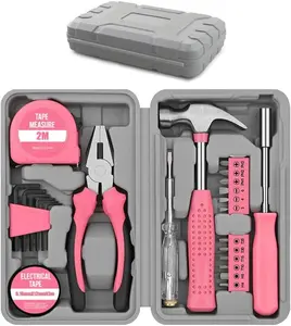 24-piece pink household repair tool set for women — mini portable hardware starter kit including a hammer, pliers, DIY projects, garage tools, and screwdrivers — portable hand tools for home use, suitable for office and college dorms