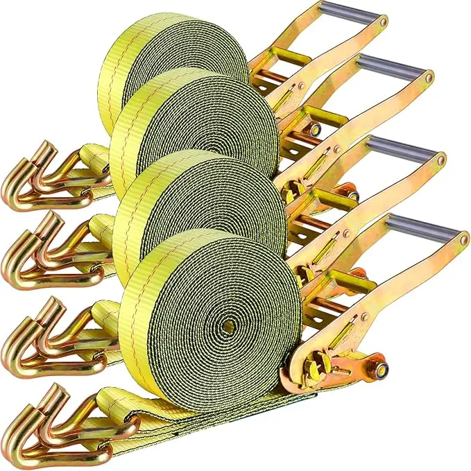 TLGREEN 4 Pack 2 in x 27 FT Double J Hook Ratchet Straps (11,000 lbs Break Strength), Heavy Duty Tie Down Straps for Trucks Durable Tie Downs