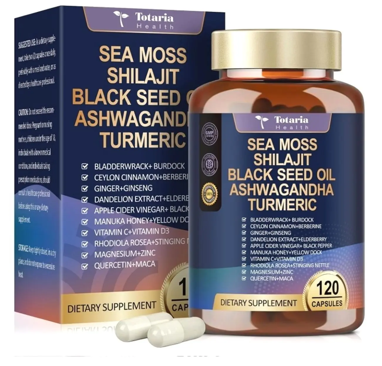 25-in-1 Sea Moss Black Seed Oil Ashwagandha Ginger Shilajit Supplement, Sea Moss Capsules Pro with Bladder Burdock Ceylon Cinnamon Berberine ACV Manuka VIT C & D3 for Men Women, 120 Vegan Caps