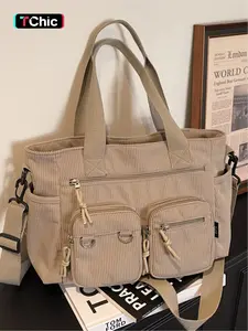 Corduroy multi-pocket large-capacity tote bag, casual and versatile, suitable for shopping, school, work, commuting, and everyday accessories, Commuter Tote Bag