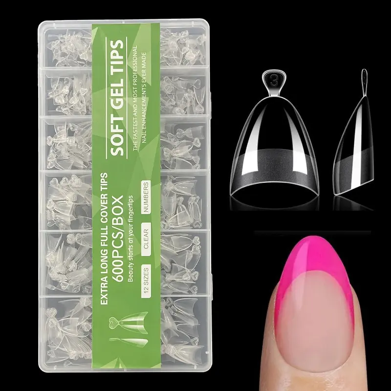 600Pcs Almond Nail Tips, Half Cover Short Artificial Nails Tips, Fake Nails, False Nails Tips, 12 Sizes, Transparent & Solid Colors, Easy to Apply for Natural Nail Enhancement, Nail Extension, Beauty Accessories, for DIY Nail Salon