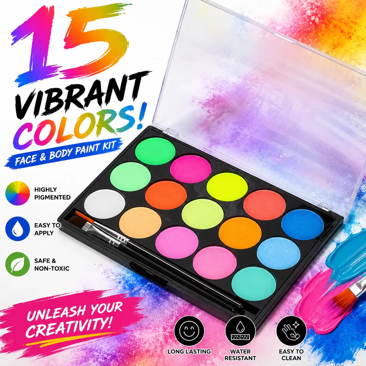 15-Color UV Blacklight Face Paint Set – Neon Glow Water-Activated Body Paint for Halloween, Cosplay, Festivals & Raves