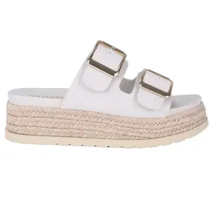 Woman fashion sandal open toe slip on round toe, with a platform heel, double strap, buckle design and flat heel