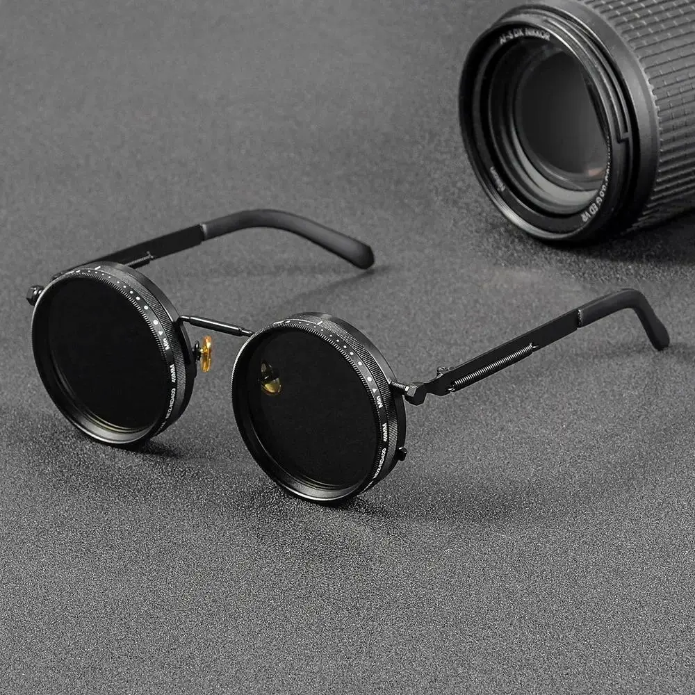 Polarized Round Shape Sunglasses - ND9 Photochromic 9-Level Dial Adjustable Dimming, UV400 Metal Alloy Outdoor Sports Shades for Men Retro Punk Fishing Eyewear
