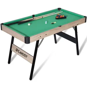 54" Folding Pool Table Set for Game Night, Modern Wood Finish Billiards Table with Cues, Balls, Rack, Brush & Chalk for Living Room & Playroom